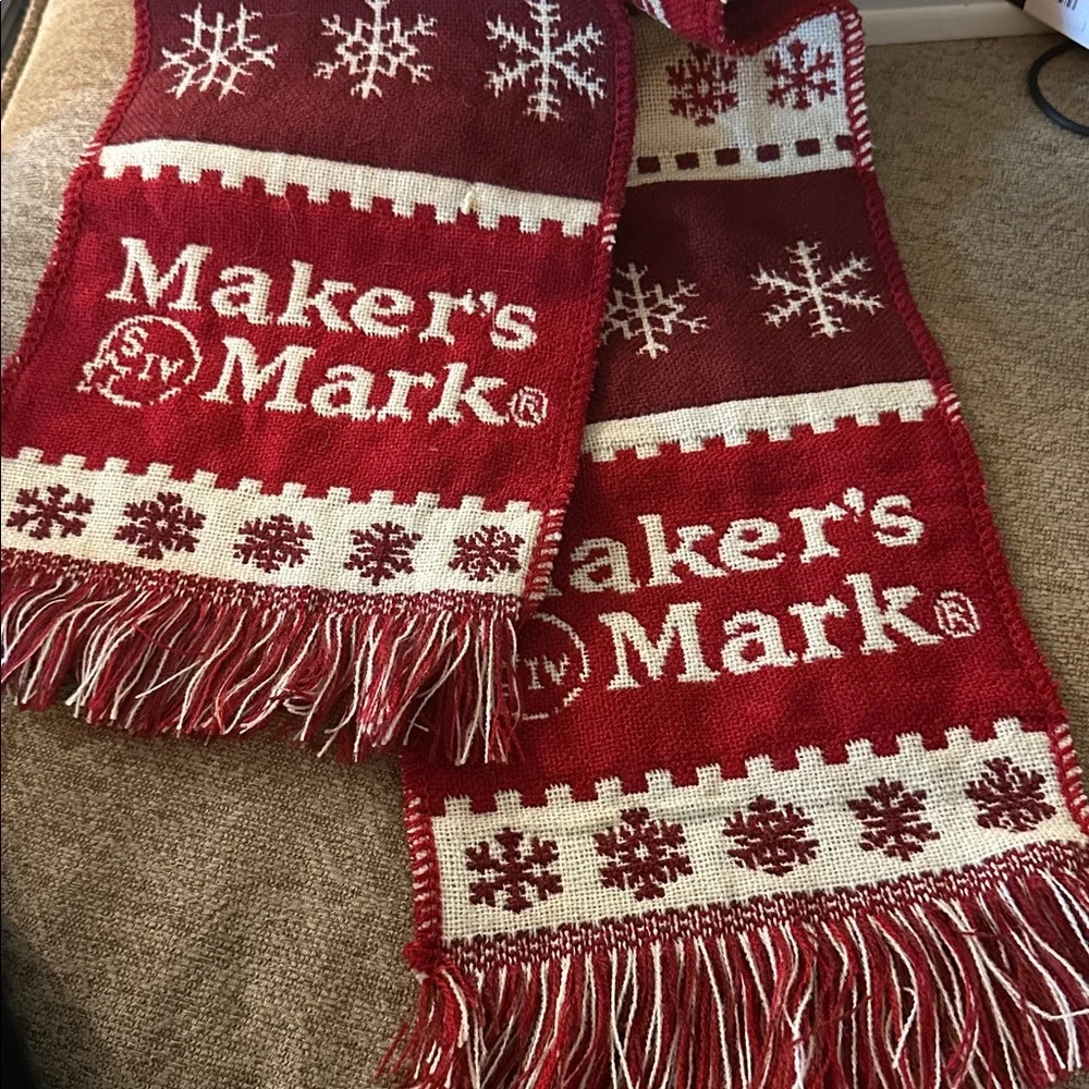 Maker’s Mark Bourbon Holiday Scarf Red Cream Snowflake Whiskey Unisex
